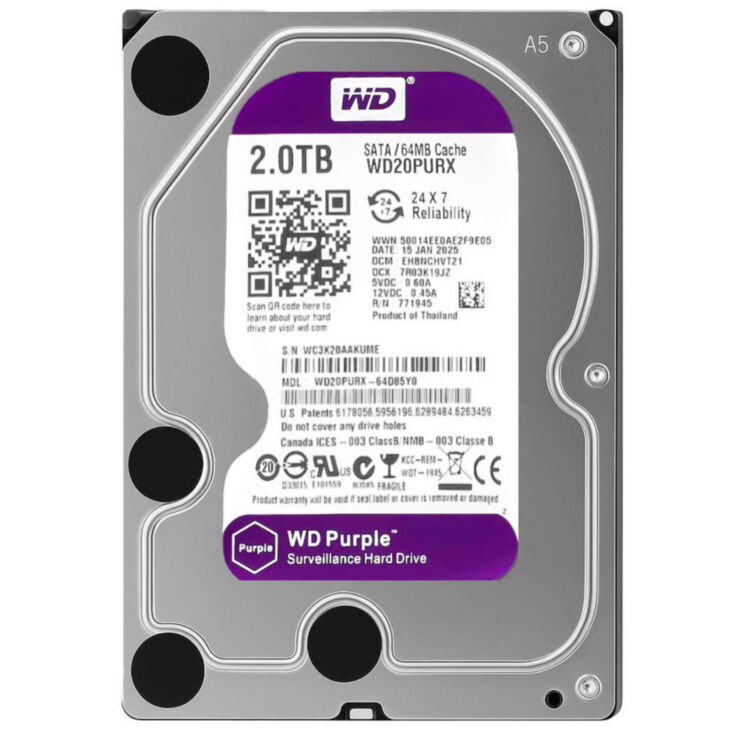 Жесткий диск HDD 3.5 Western Digital Purple SATA 2Тб внутренний (восстановленный)