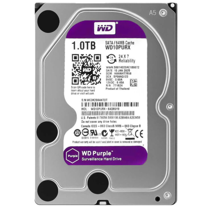 Жесткий диск HDD 3.5 Western Digital Purple SATA 1Тб внутренний (восстановленный)